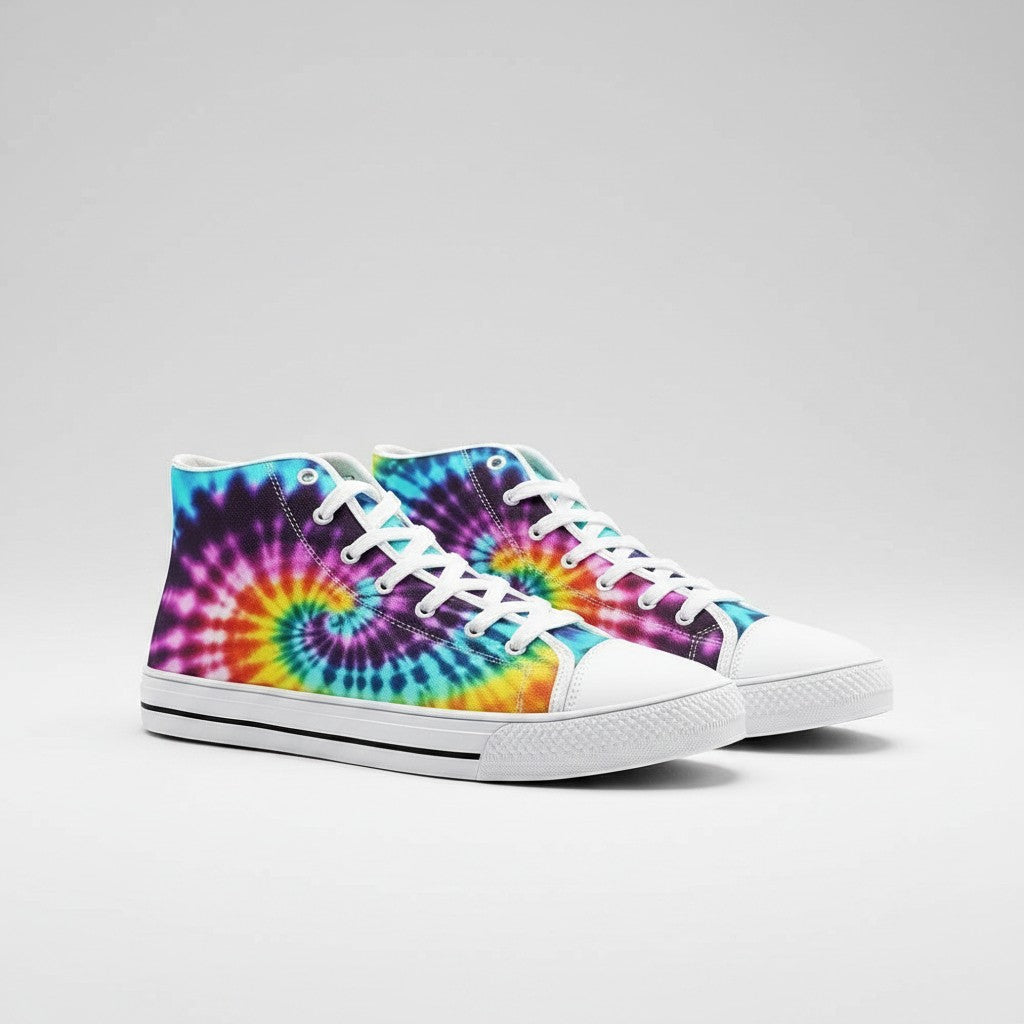 Freaky Shoes® high-top canvas sneakers featuring a vibrant, multi-colored spiral tie-dye pattern and white laces.