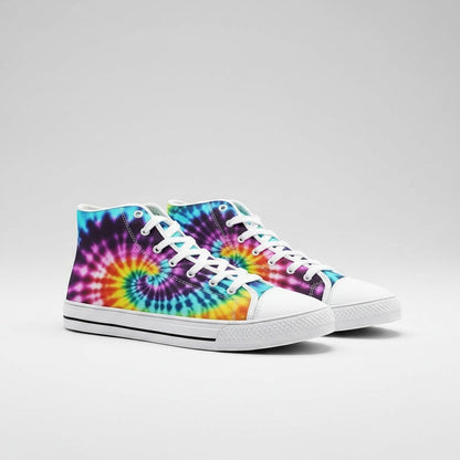 Freaky Shoes® high-top canvas sneakers featuring a vibrant, multi-colored spiral tie-dye pattern and white laces.