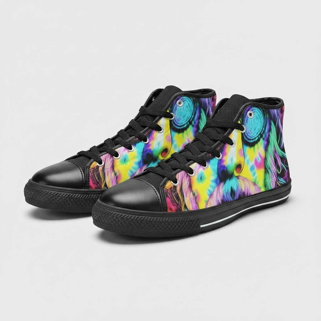 Freaky Shoes® women's high-top canvas sneakers featuring a vibrant, multi-colored tie-dye art print and black trim.