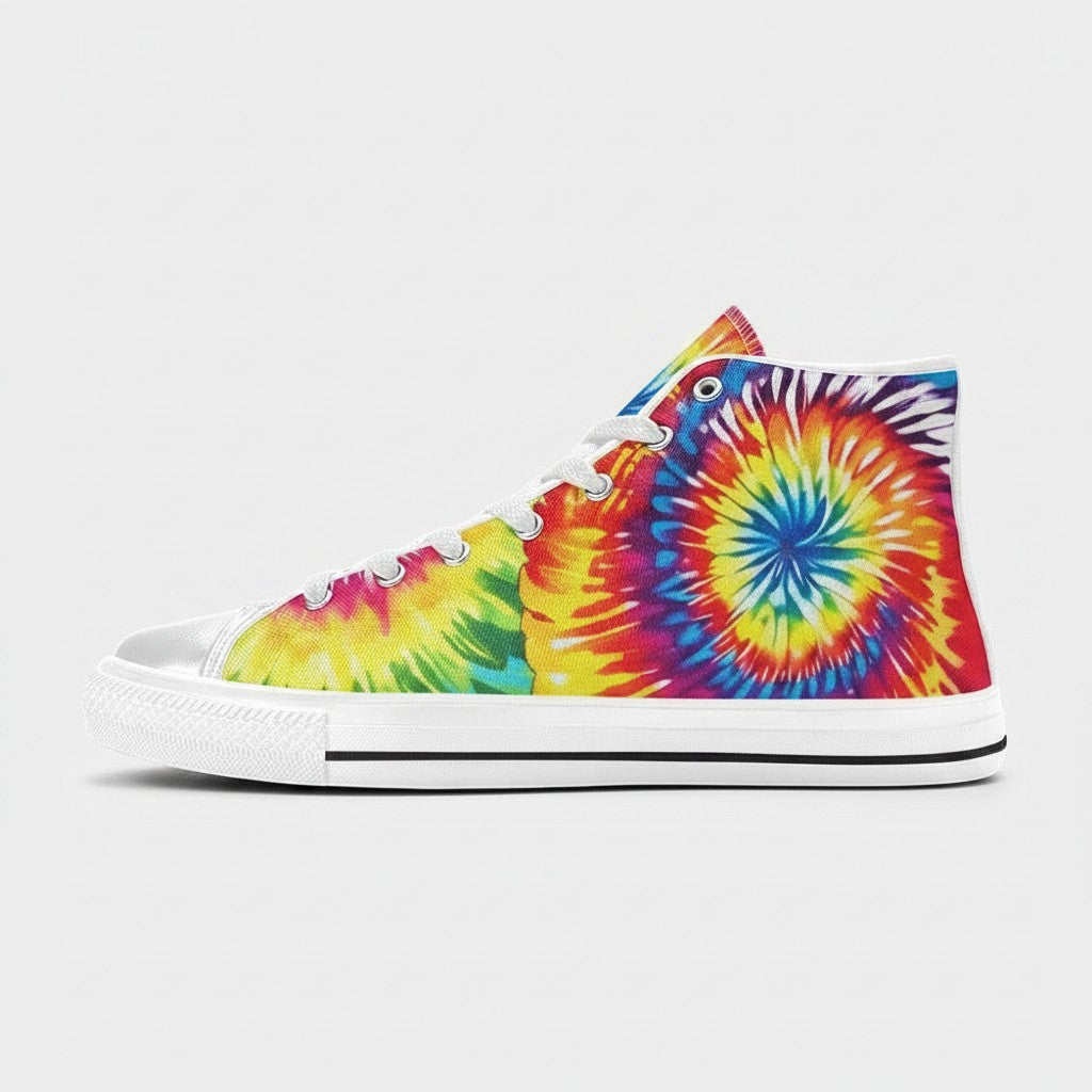 Freaky Shoes® men's high-top canvas sneakers featuring a vibrant multi-colored tie-dye spiral pattern.