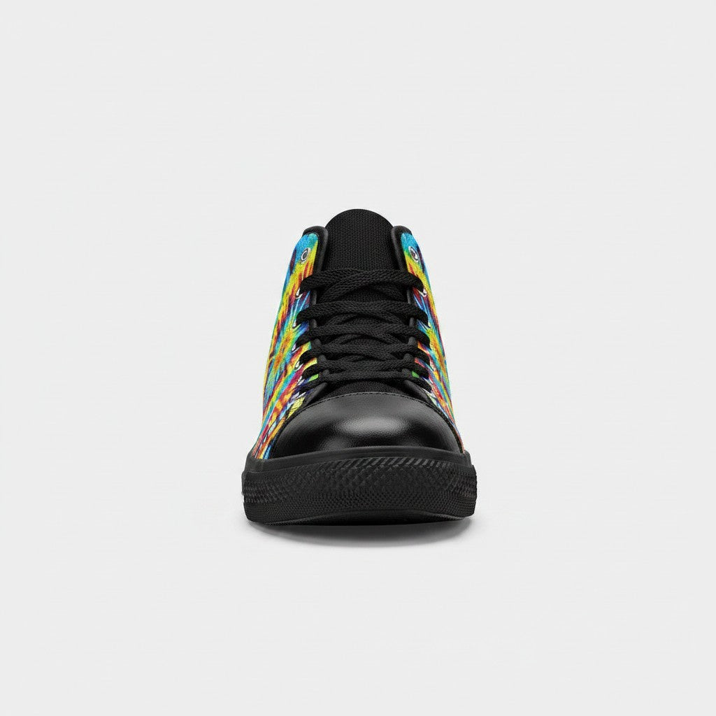 Freaky Shoes® women's high-top canvas sneakers featuring a vibrant multi-colored tie-dye print and black laces.