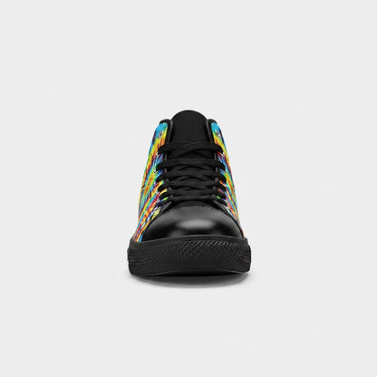 Freaky Shoes® women's high-top canvas sneakers featuring a vibrant multi-colored tie-dye print and black laces.