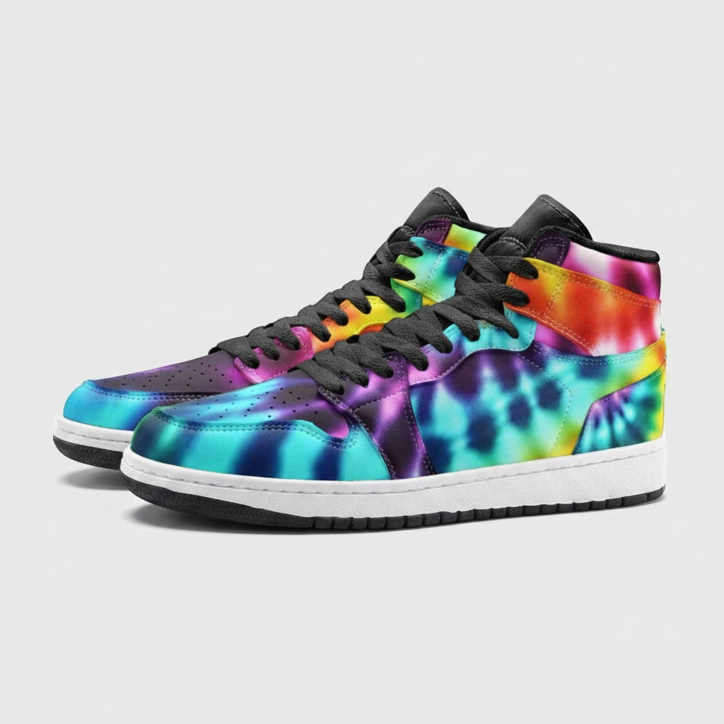 Freaky Shoes® high-top canvas sneakers featuring a vibrant, multi-colored tie-dye print and black laces.