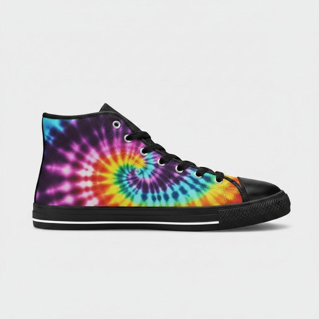 Freaky Shoes® men's high-top canvas sneakers featuring a vibrant multi-colored spiral tie-dye pattern and black trim.