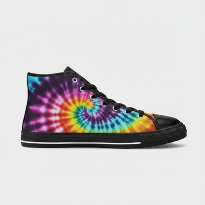 Freaky Shoes® men's high-top canvas sneakers featuring a vibrant multi-colored spiral tie-dye pattern and black trim.