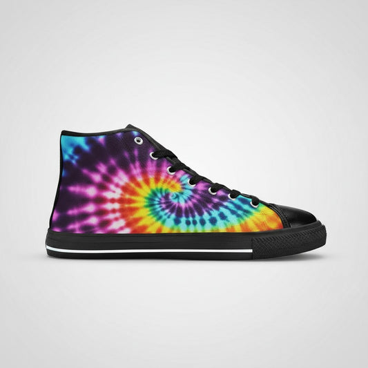 Freaky Shoes® women's high-top canvas sneakers featuring a vibrant, multi-colored spiral tie-dye print and black trim.