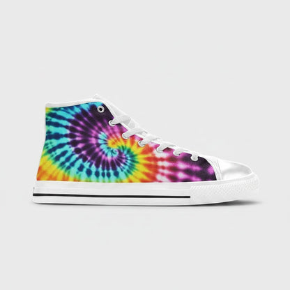 Freaky Shoes® women's high-top canvas sneakers featuring a vibrant multi-color spiral tie-dye pattern