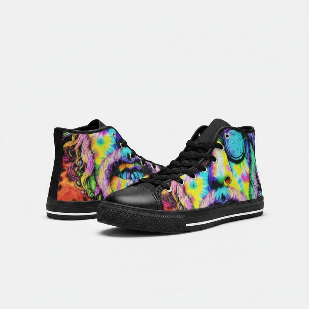 Freaky Shoes® men's high-top canvas sneakers featuring vibrant, multi-colored tie-dye art with black trim.