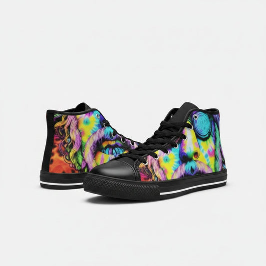 Freaky Shoes® men's high-top canvas sneakers featuring vibrant, multi-colored tie-dye art with black trim.