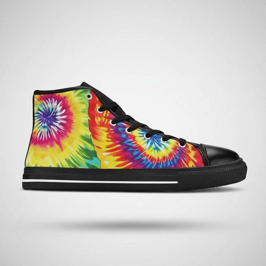 Freaky Shoes® men's high-top canvas sneakers featuring a vibrant multi-colored tie-dye pattern and black trim.