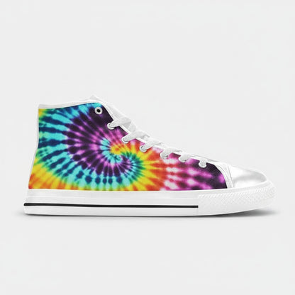 Freaky Shoes® men's high-top canvas sneakers featuring a vibrant multi-colored spiral tie-dye art pattern