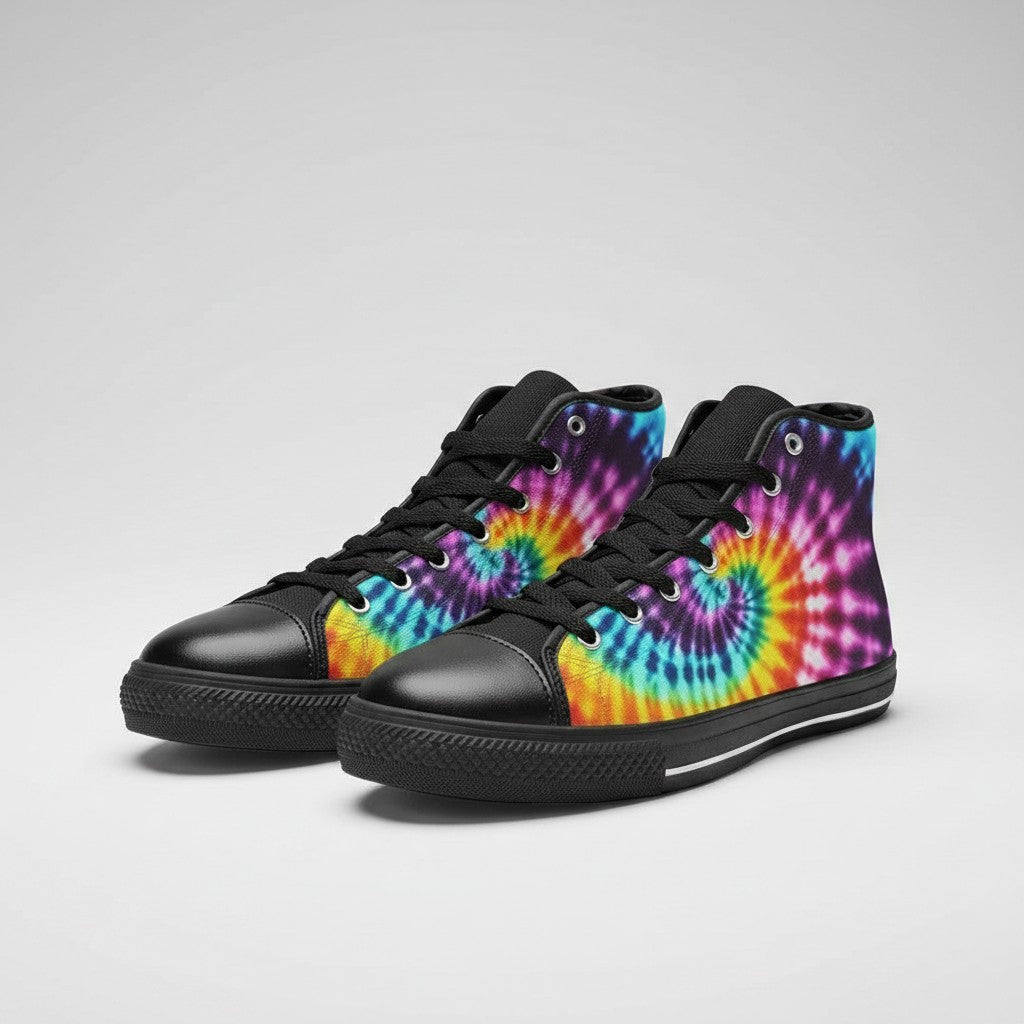 Freaky Shoes® men's high-top canvas sneakers featuring a vibrant multi-color tie-dye spiral pattern and black trim.