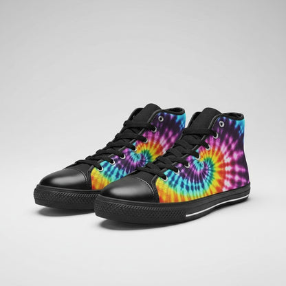 Freaky Shoes® men's high-top canvas sneakers featuring a vibrant multi-color tie-dye spiral pattern and black trim.