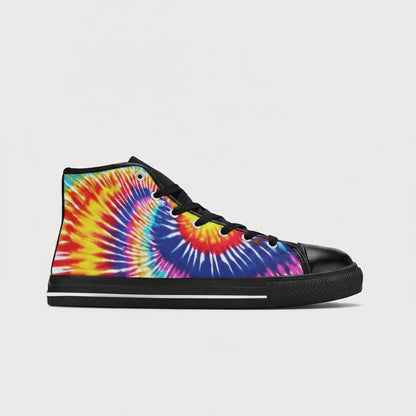 Freaky Shoes® women's high-top canvas sneakers featuring a vibrant multi-colored tie-dye splash pattern
