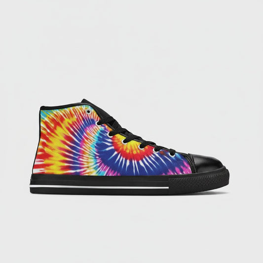 Freaky Shoes® women's high-top canvas sneakers featuring a vibrant multi-colored tie-dye splash pattern