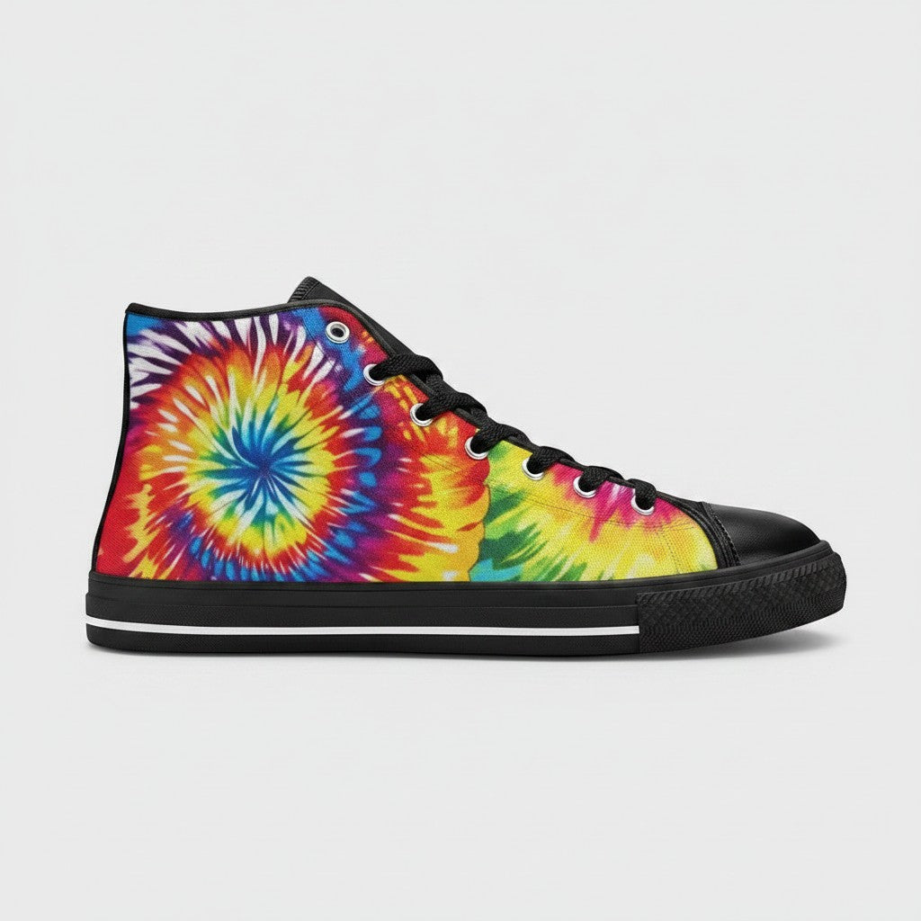 Freaky Shoes® women's high-top canvas sneakers featuring a vibrant multi-colored tie-dye spiral pattern.