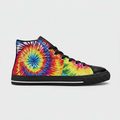 Freaky Shoes® women's high-top canvas sneakers featuring a vibrant multi-colored tie-dye spiral pattern.