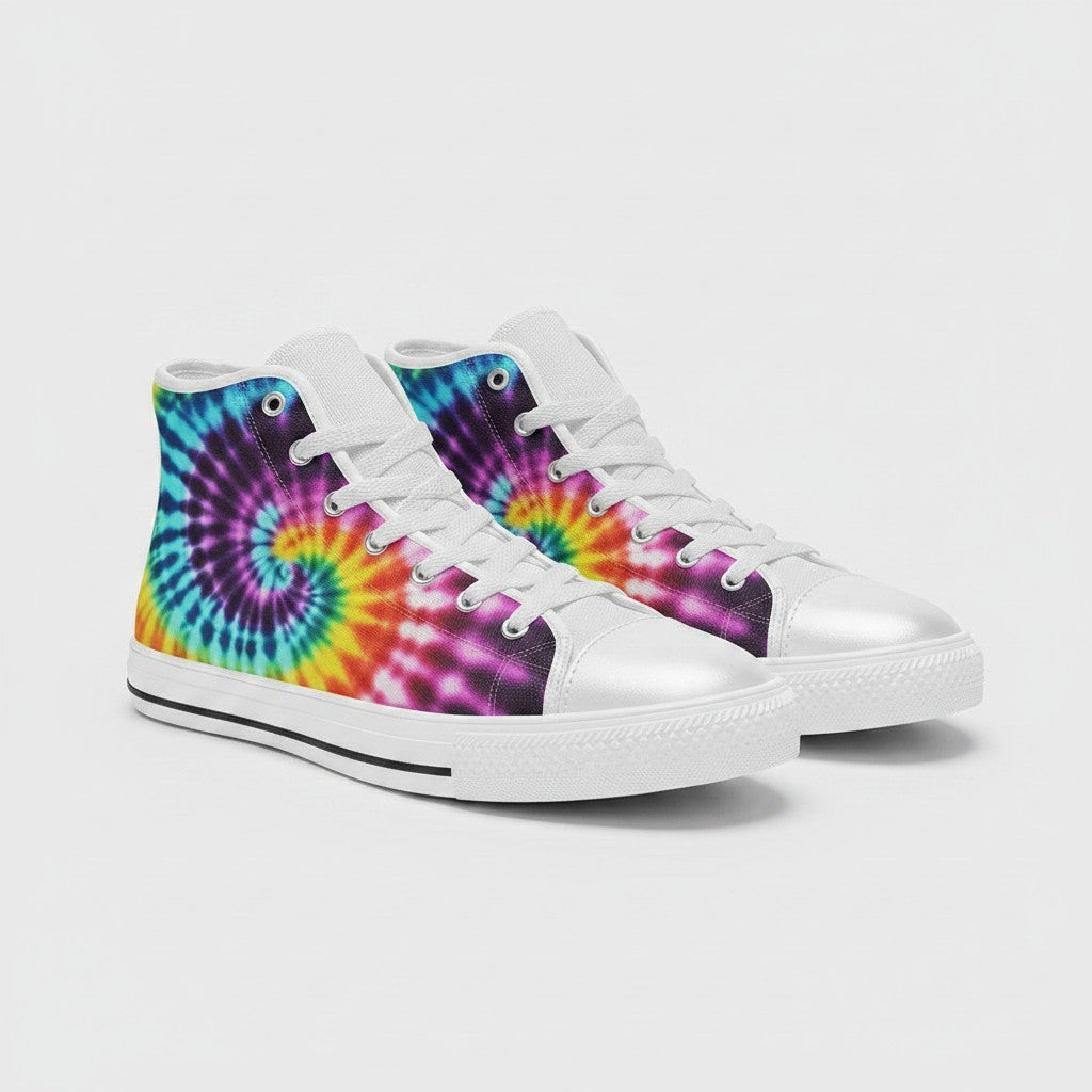 Freaky Shoes® men's high-top canvas sneakers featuring a vibrant multi-colored spiral tie-dye art pattern