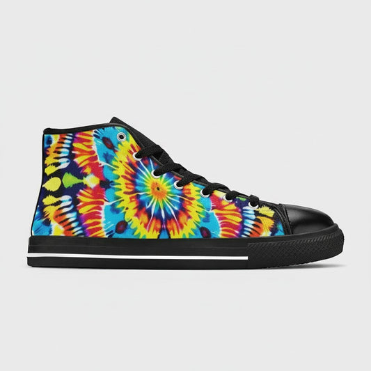 Freaky Shoes® men's high-top canvas sneakers featuring a vibrant multi-colored tie-dye art pattern and black trim.