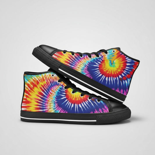 Freaky Shoes® men's high-top canvas sneakers featuring a vibrant multi-colored tie-dye splash pattern and black trim.