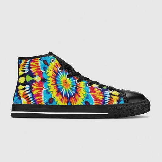 Freaky Shoes® women's high-top canvas sneakers featuring a vibrant multi-colored tie-dye print and black trim.