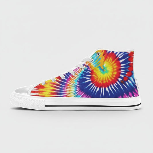 Freaky Shoes® women's high-top canvas sneakers featuring a vibrant, multi-colored tie-dye splash pattern.