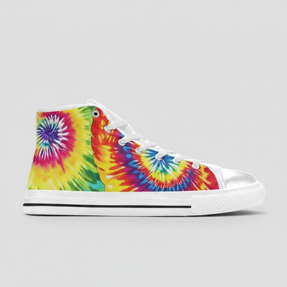 Freaky Shoes® women's high-top canvas sneakers featuring a vibrant multi-color tie-dye spiral print and white laces.