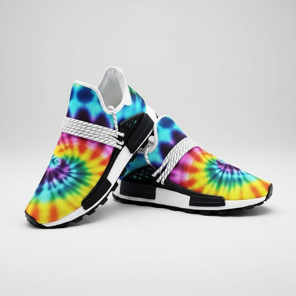Freaky Shoes® custom high-top canvas sneakers featuring a vibrant multi-colored tie-dye pattern and white laces.