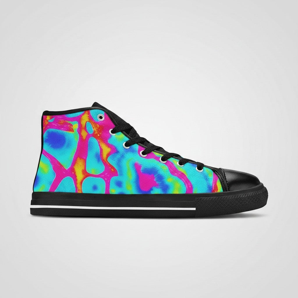 Freaky Shoes® men's high-top canvas sneakers featuring a vibrant, multi-colored tie-dye splash pattern and black trim.