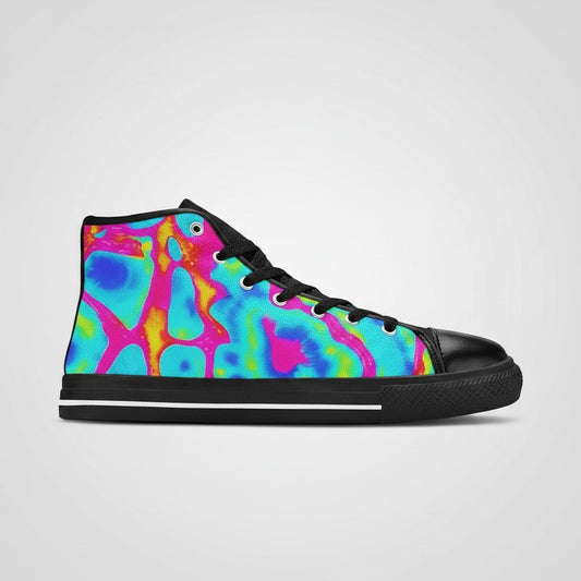 Freaky Shoes® men's high-top canvas sneakers featuring a vibrant, multi-colored tie-dye splash pattern and black trim.