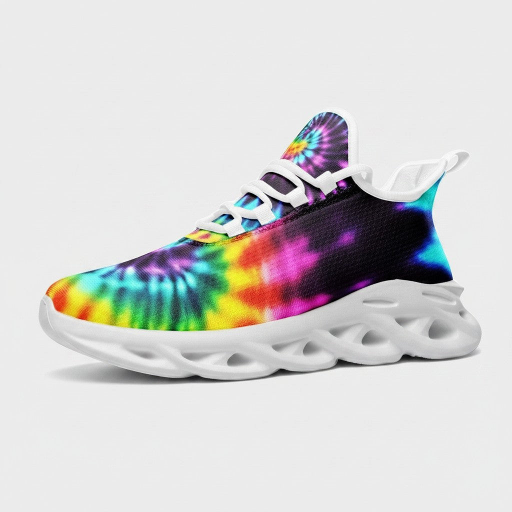 Freaky Shoes® high-top canvas sneakers featuring a vibrant, multi-colored tie-dye print and a white EVA sole.