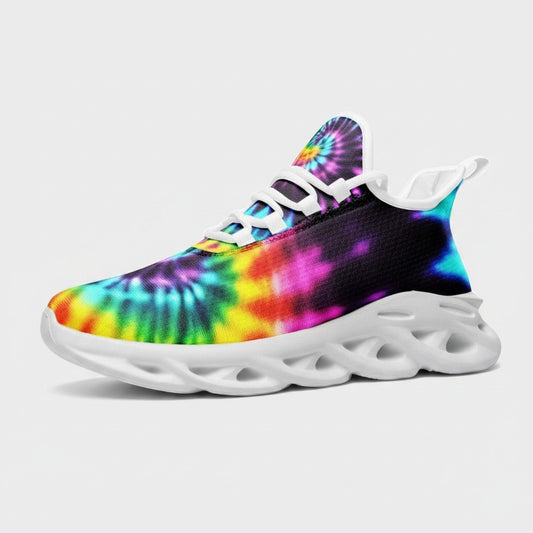 Freaky Shoes® high-top canvas sneakers featuring a vibrant, multi-colored tie-dye print and a white EVA sole.