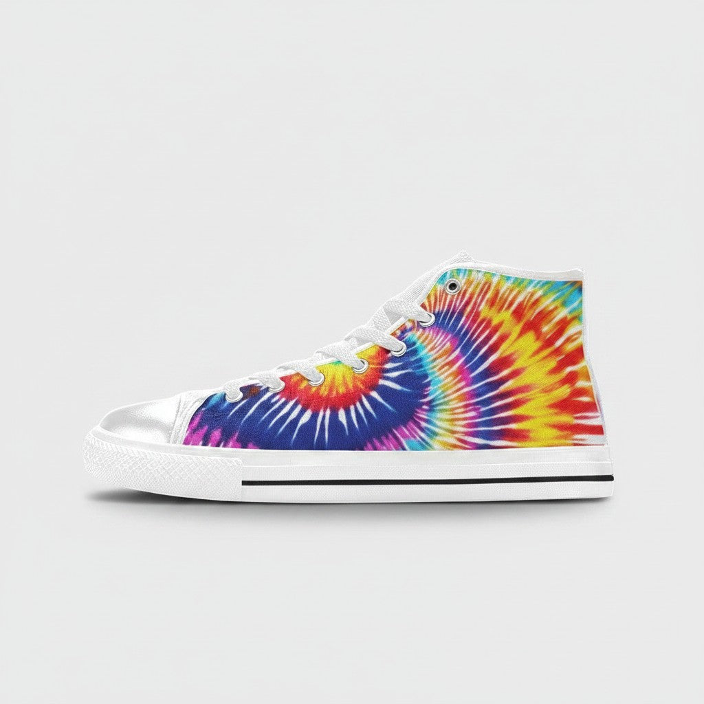 Freaky Shoes® men's high-top canvas sneakers featuring a vibrant, multi-colored tie-dye splash pattern.