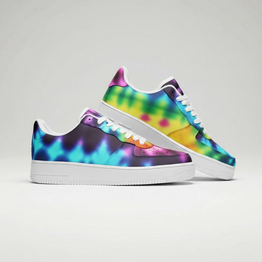 Freaky Shoes® low-top leather sneakers featuring a vibrant, colorful tie-dye print and white rubber soles.