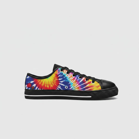 Freaky Shoes® men's low-top canvas sneakers featuring a vibrant multi-colored tie-dye splash pattern and black trim.