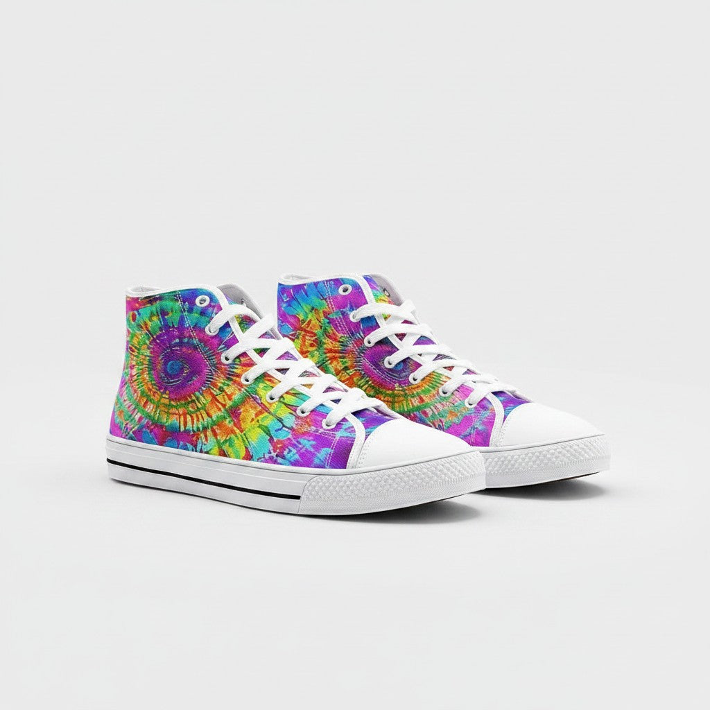 Freaky Shoes® high-top canvas sneakers featuring a vibrant multi-colored tie-dye shatter pattern and white laces.