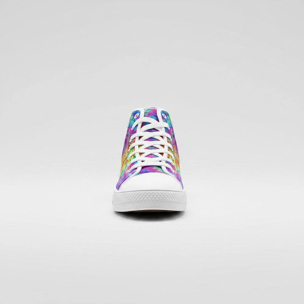 Freaky Shoes® Tie Dye Shatter high-top canvas sneakers with vibrant multi-colored pattern and white laces