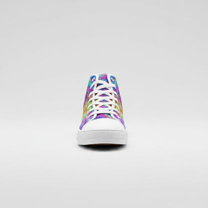Freaky Shoes® Tie Dye Shatter high-top canvas sneakers with vibrant multi-colored pattern and white laces