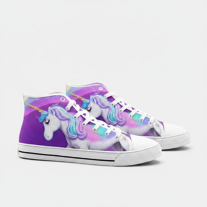Freaky Shoes® unicorn art high-top canvas sneakers with vibrant purple and pastel rainbow design and white laces.