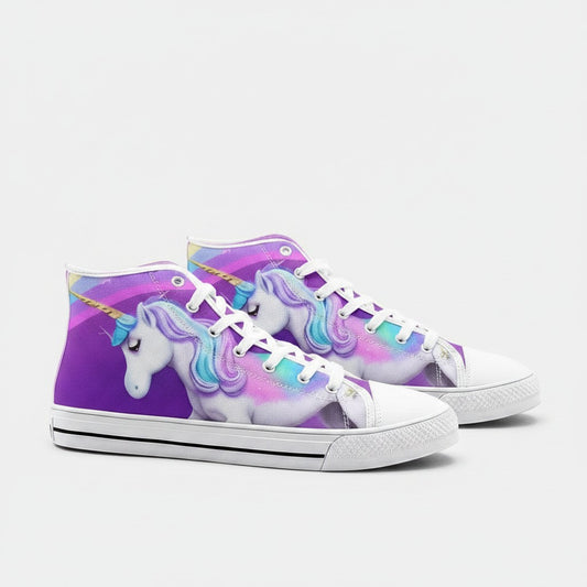 Freaky Shoes® unicorn art high-top canvas sneakers with vibrant purple and pastel rainbow design and white laces.