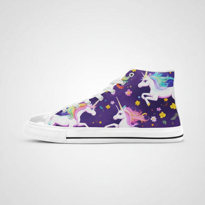 Freaky Shoes® men's high-top canvas sneakers featuring a purple unicorn and floral print with white rubber soles.