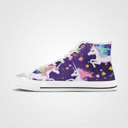 Freaky Shoes® women's high-top canvas sneakers featuring a purple unicorn and floral print with white rubber soles.