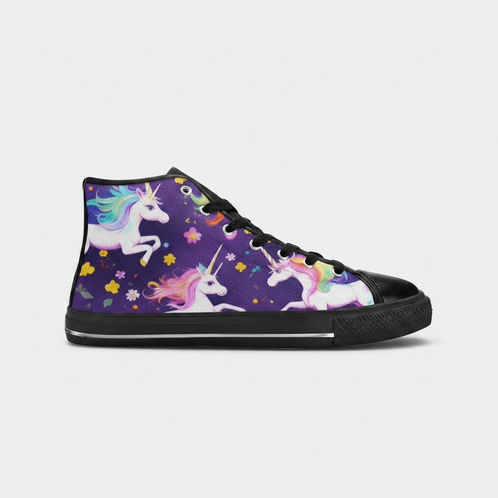 Freaky Shoes® women's high-top canvas sneakers featuring a purple unicorn print and black trim