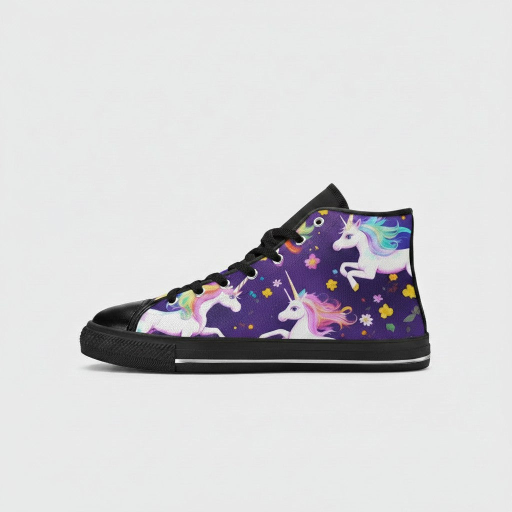 Freaky Shoes® high-top canvas sneakers featuring a purple unicorn and floral print with black laces and trim
