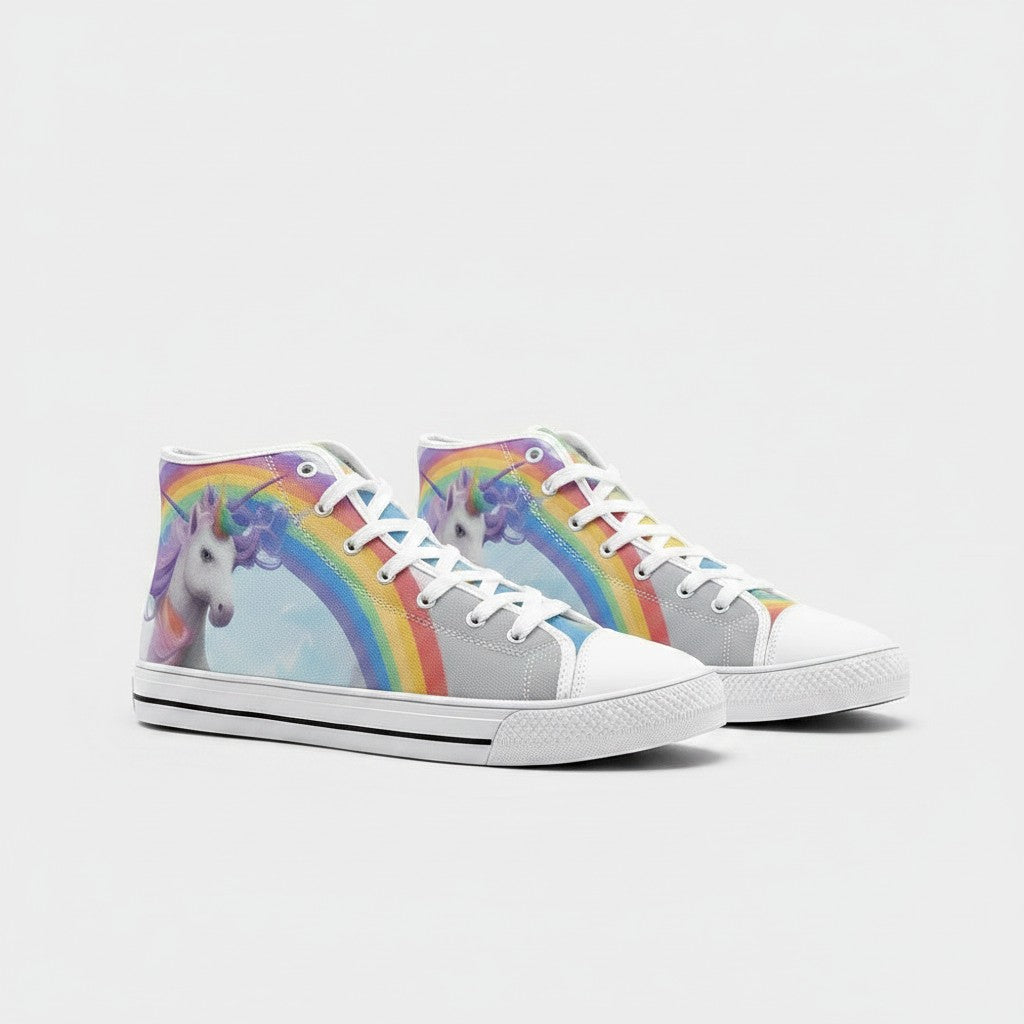 Freaky Shoes® high-top canvas sneakers featuring a vibrant unicorn and rainbow print with white laces and rubber soles.