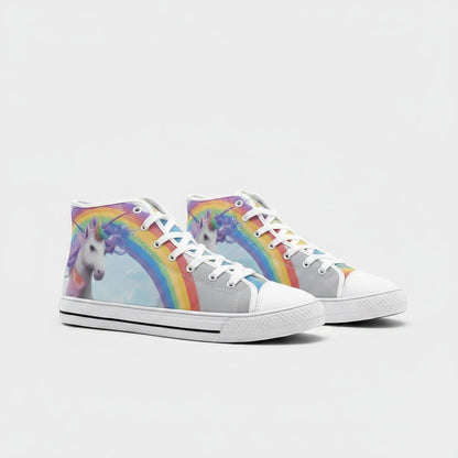 Freaky Shoes® high-top canvas sneakers featuring a vibrant unicorn and rainbow print with white laces and rubber soles.