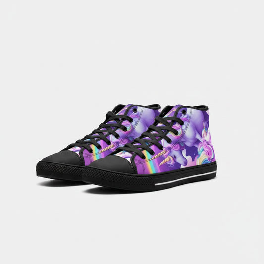 Freaky Shoes® high-top canvas sneakers featuring a vibrant purple unicorn and rainbow print with black laces.