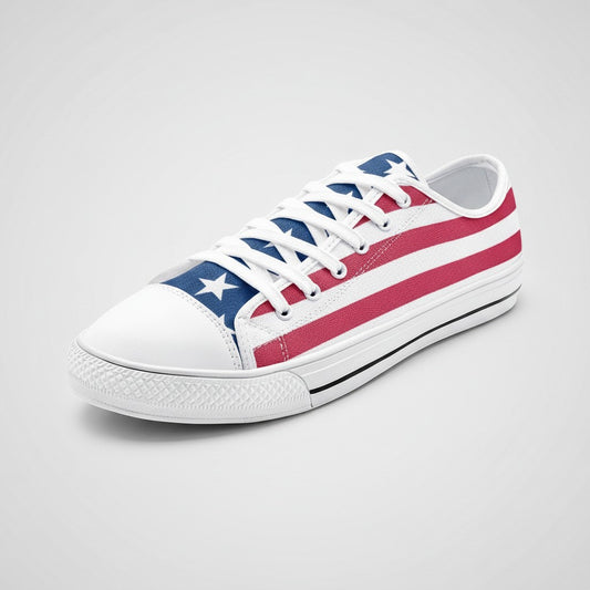 Freaky Shoes® low-top canvas sneakers featuring a red, white, and blue USA flag print with white laces and toe cap.