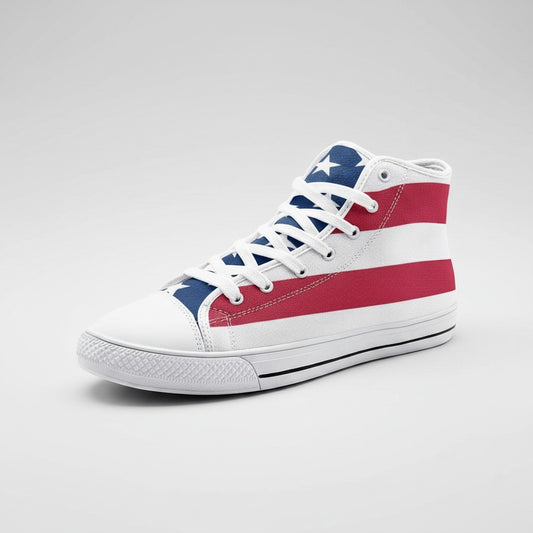 Freaky Shoes® patriotic USA flag high-top canvas sneakers with white laces and a classic rounded toe design.
