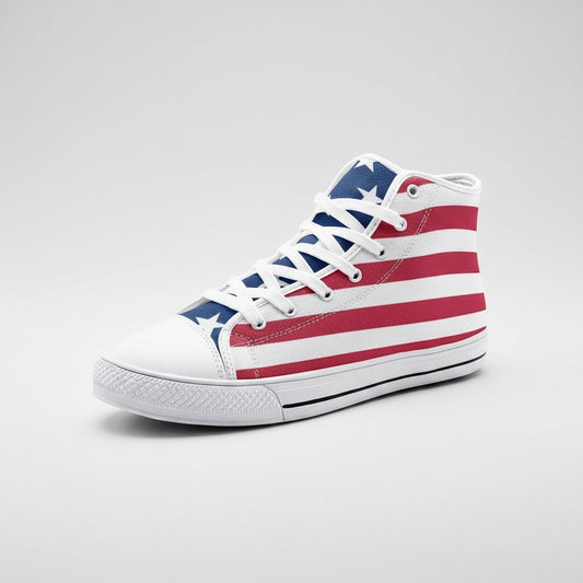 Freaky Shoes® patriotic USA flag high-top canvas sneakers with lace-up closure and white rubber toe cap.